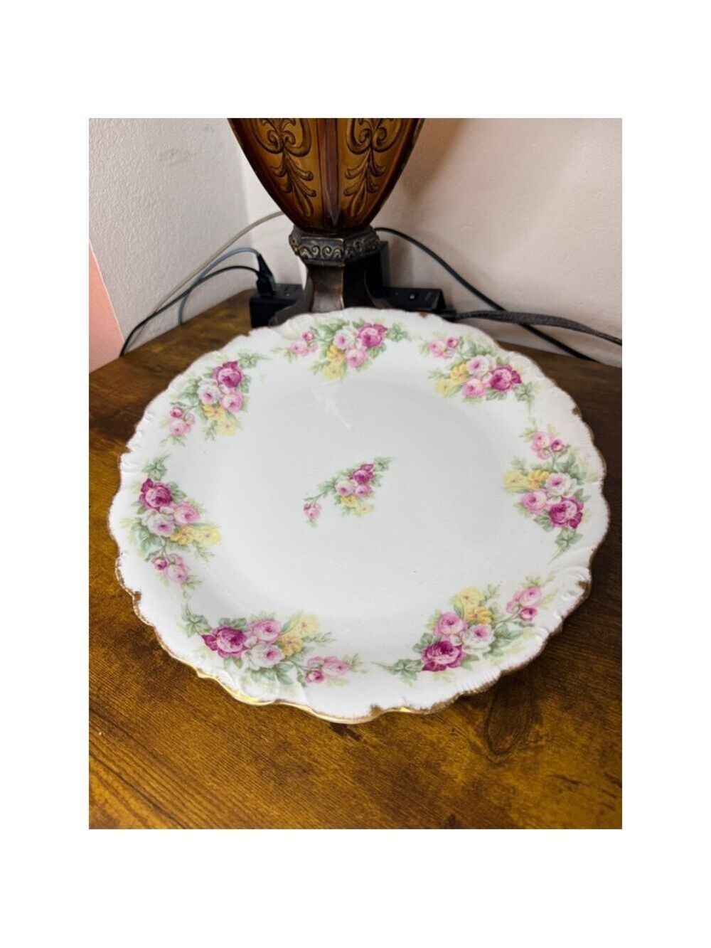 VINTAGE LIMOGES ELITE FRANCE SCALLOPED RIM YELLOW PINK FLOWER 12 1/4" CHOP PLATE